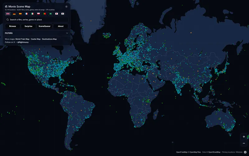 Movie Scene Map: a dark world map dotted with filming locations