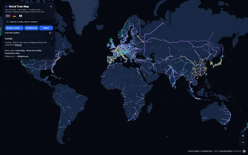 World Train Map: passenger train routes drawn across the continents